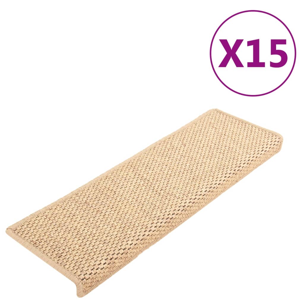 vidaXL kāpņu paklāji, 15 gab., pašlīmējoši, 65x21x4 cm, gaiši bēši