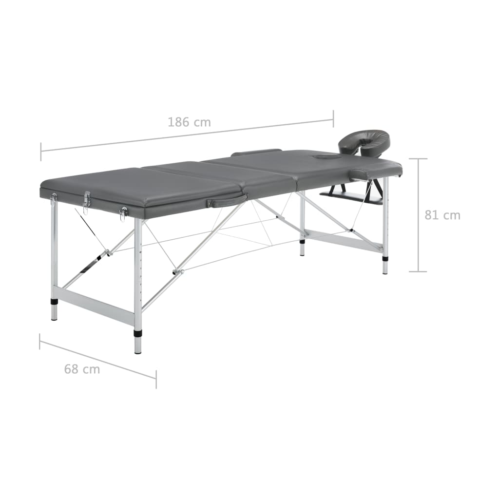 vidaXL masāžas galds, 3 daļas, 186x68cm, alumīnija rāmis, pelēks