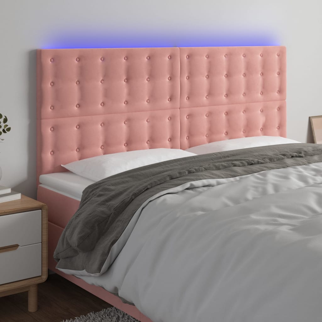 vidaXL gultas galvgalis ar LED, 200x5x118/128 cm, rozā samts