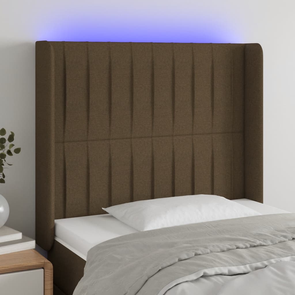 vidaXL gultas galvgalis ar LED, 103x16x118/128 cm, tumši brūns audums