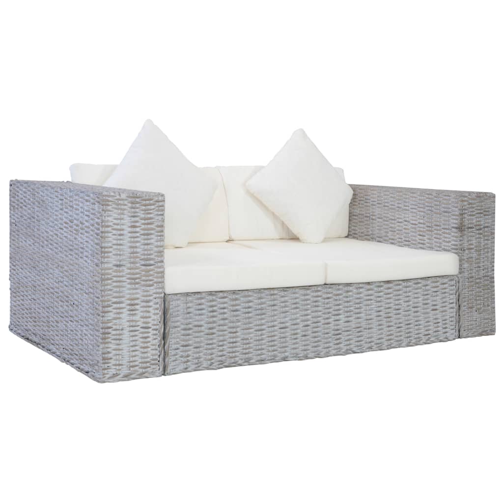 vidaXL divvietīgs dīvāns ar matračiem, pelēka dabīgā rotangpalma