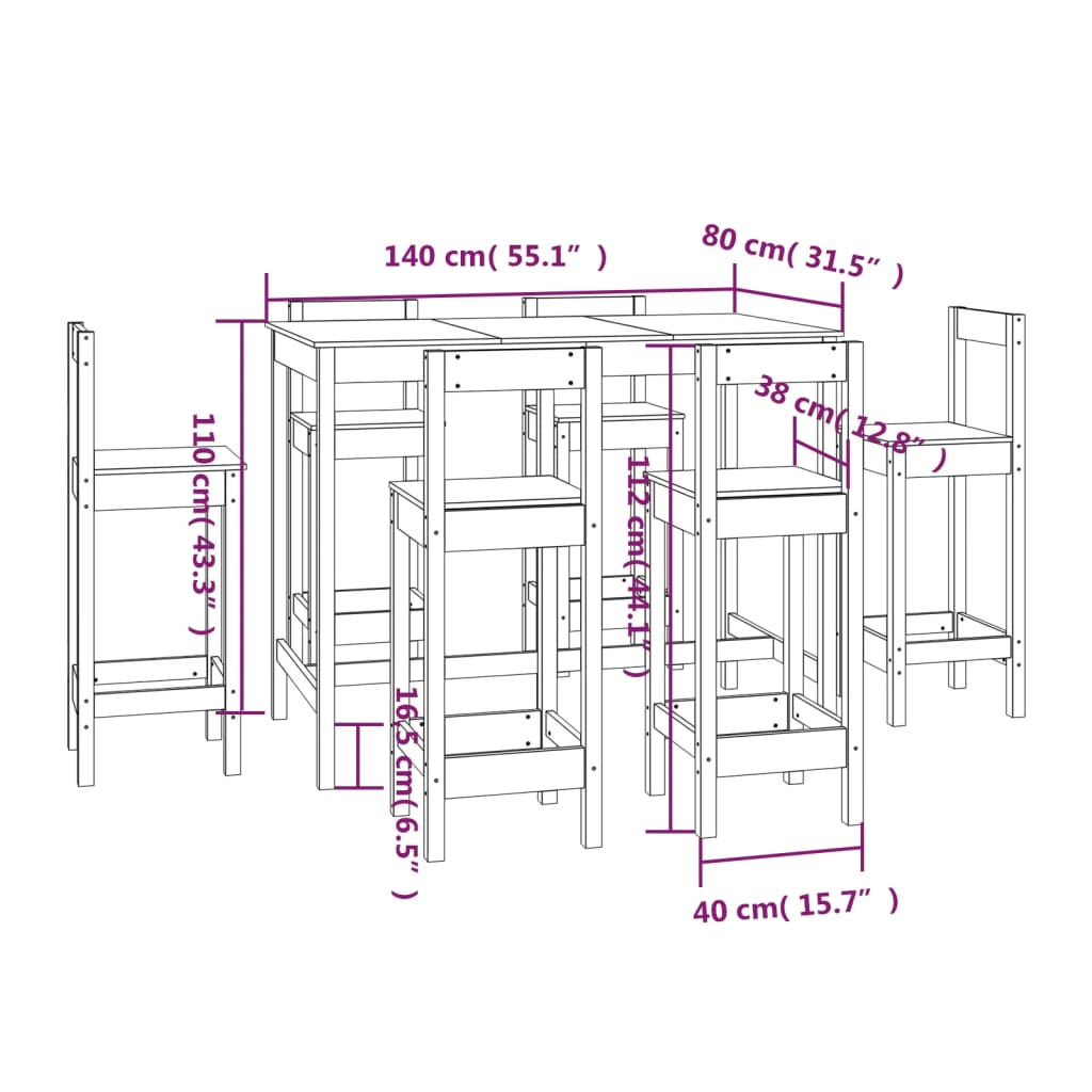 vidaXL 7-daļīgs bāra mēbeļu komplekts, priedes masīvkoks
