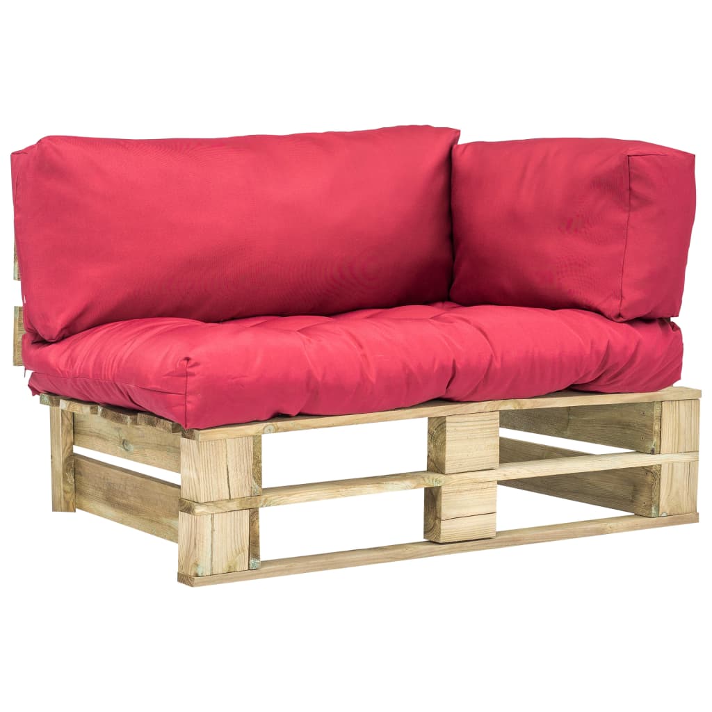 vidaXL dārza palešu dīvāns ar sarkaniem matračiem, priedes koks