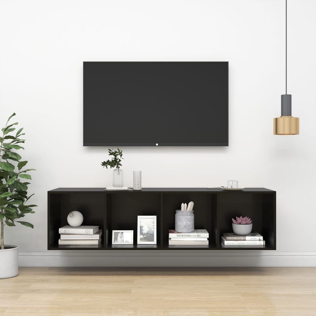 vidaXL sienas TV plaukts, spīdīgi melns, 37x37x142,5 cm, skaidu plātne