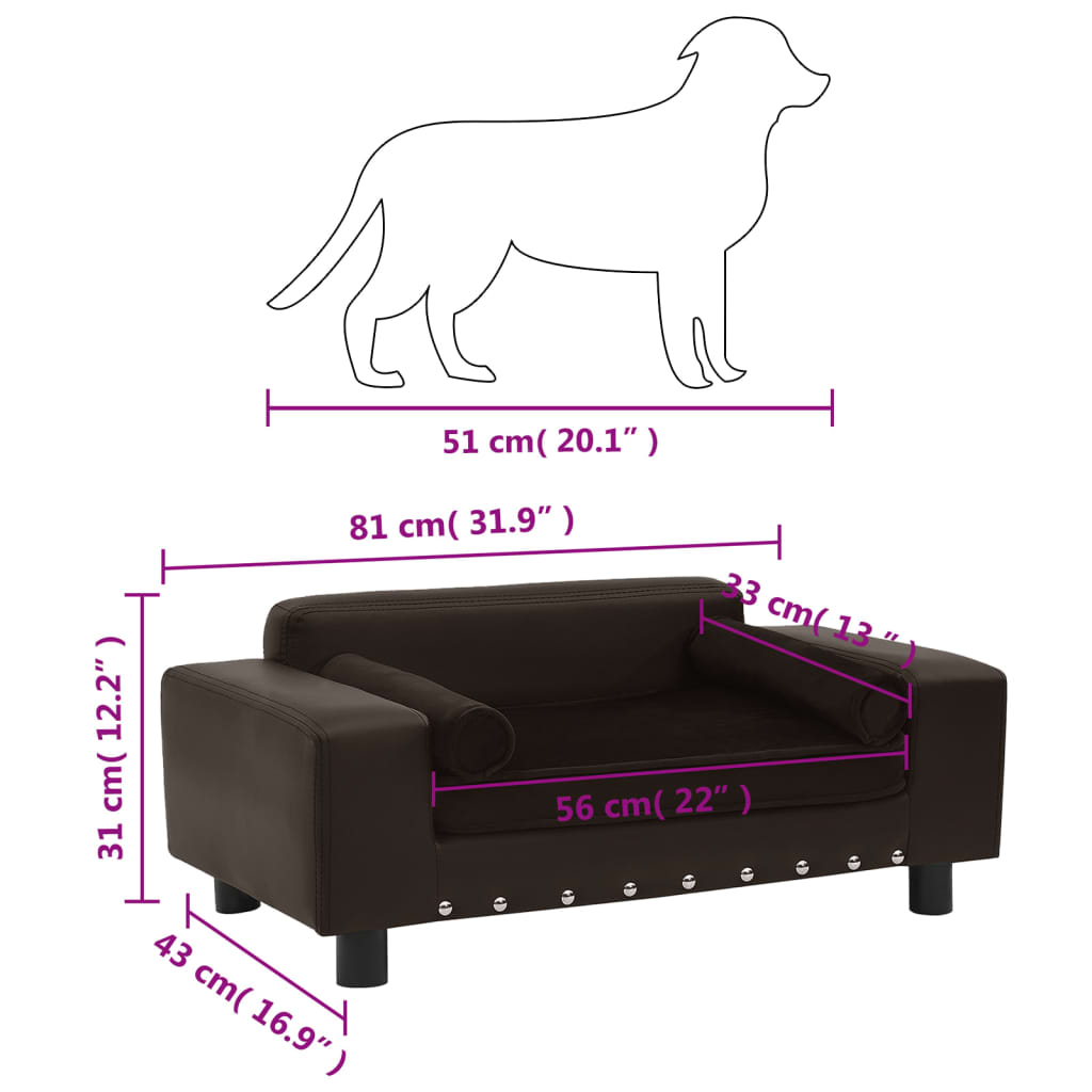 vidaXL suņu dīvāns, brūns, 81x43x31 cm, plīšs, mākslīgā āda