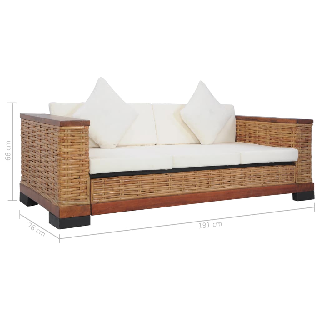 vidaXL trīsvietīgs dīvāns ar matračiem, dabīga rotangpalma, brūns