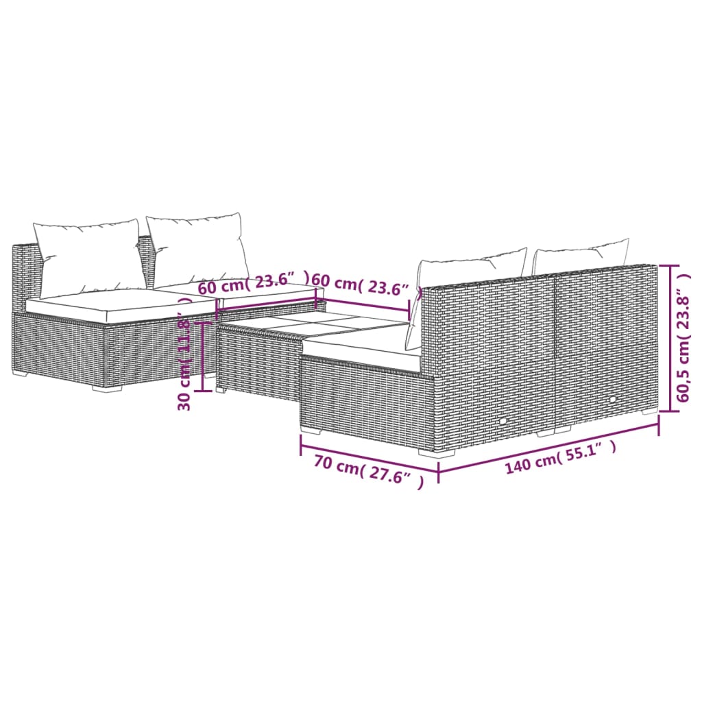 vidaXL 5-daļīgs dārza mēbeļu komplekts, matrači, PE rotangpalma, brūns