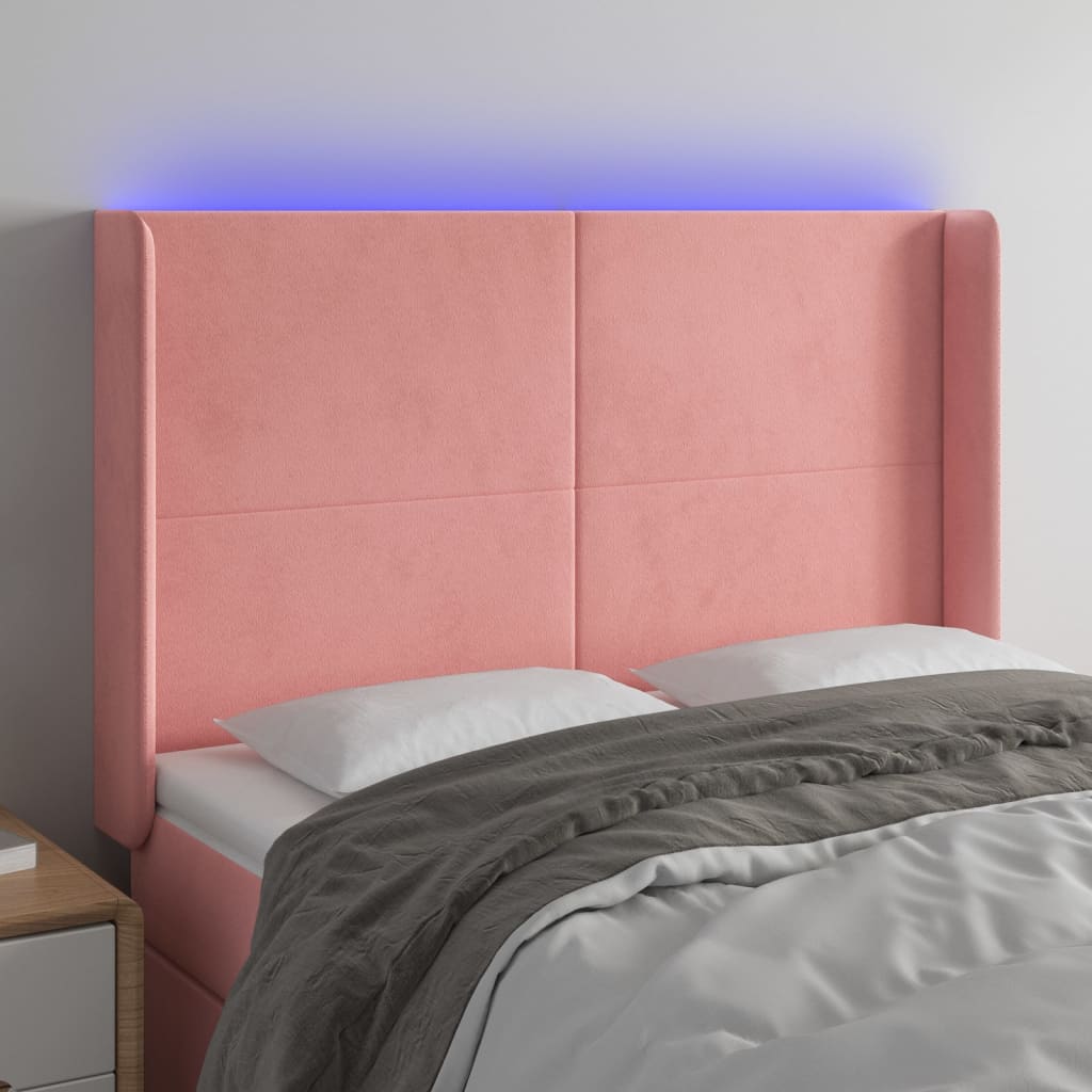 vidaXL gultas galvgalis ar LED, 147x16x118/128 cm, rozā samts