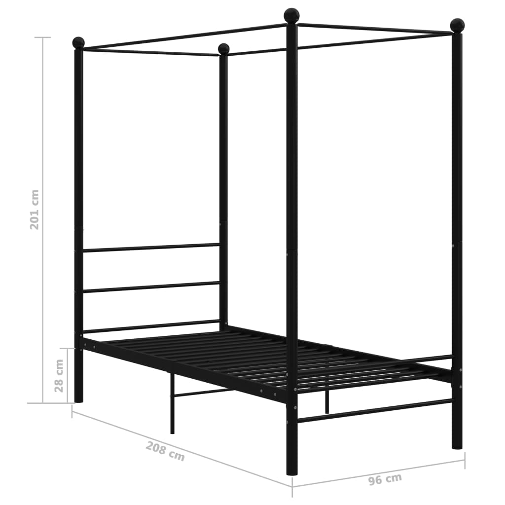 vidaXL gultas rāmis ar nojumi, melns, metāls, 90x200 cm