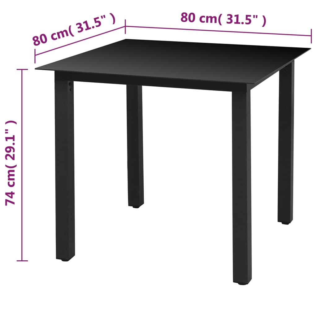 vidaXL dārza galds, melns, 80x80x74 cm, alumīnijs un stikls