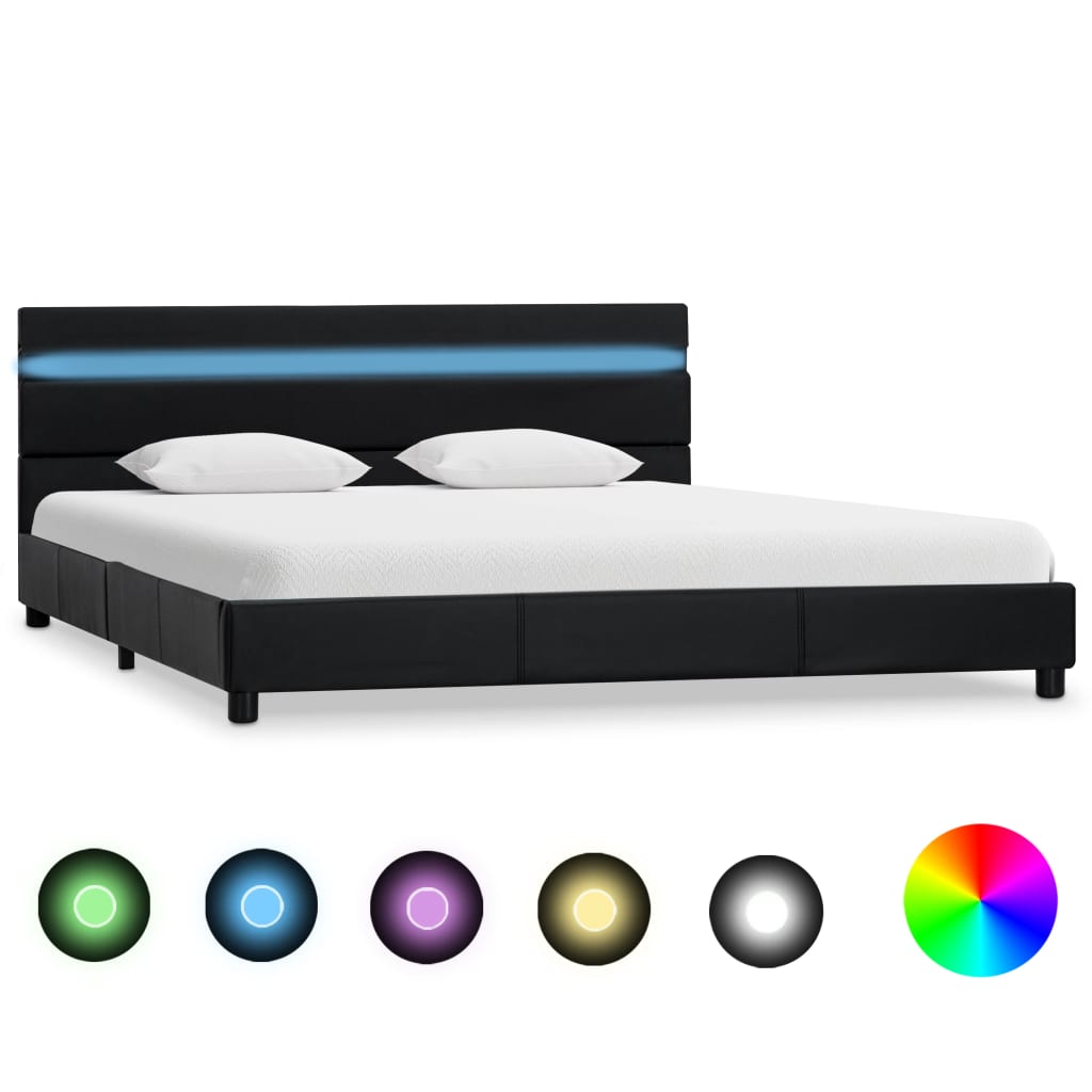 vidaXL gultas rāmis ar LED, melna mākslīgā āda, 160x200 cm