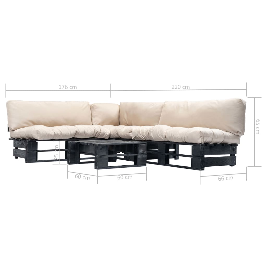 vidaXL 4-daļīgs palešu dīvānu komplekts ar smilškrāsas matračiem, koks