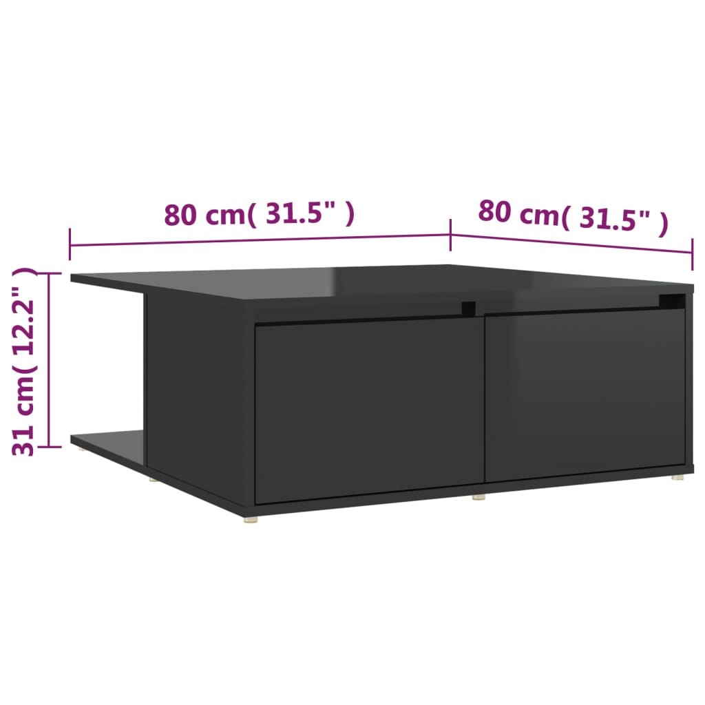 vidaXL kafijas galdiņš, spīdīgi melns, 80x80x31 cm, skaidu plāksne