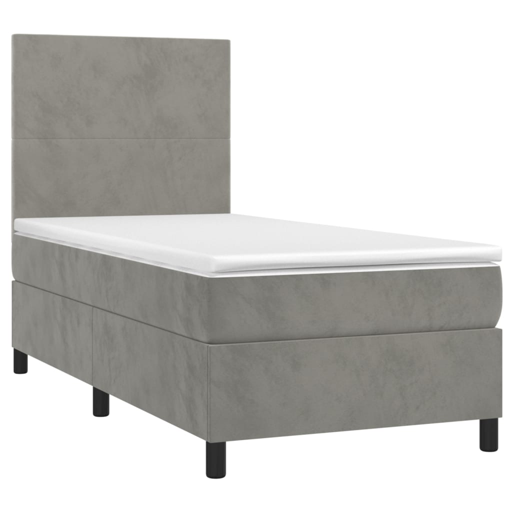vidaXL atsperu gulta ar matraci, LED, gaiši pelēks samts, 90x190 cm
