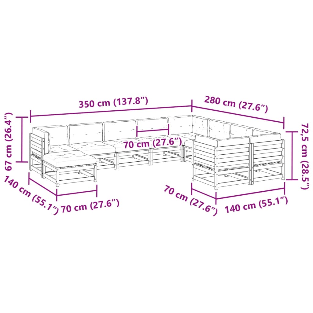 vidaXL 10-daļīgs dārza dīvānu komplekts vaska brūnas priedes masīvkoks