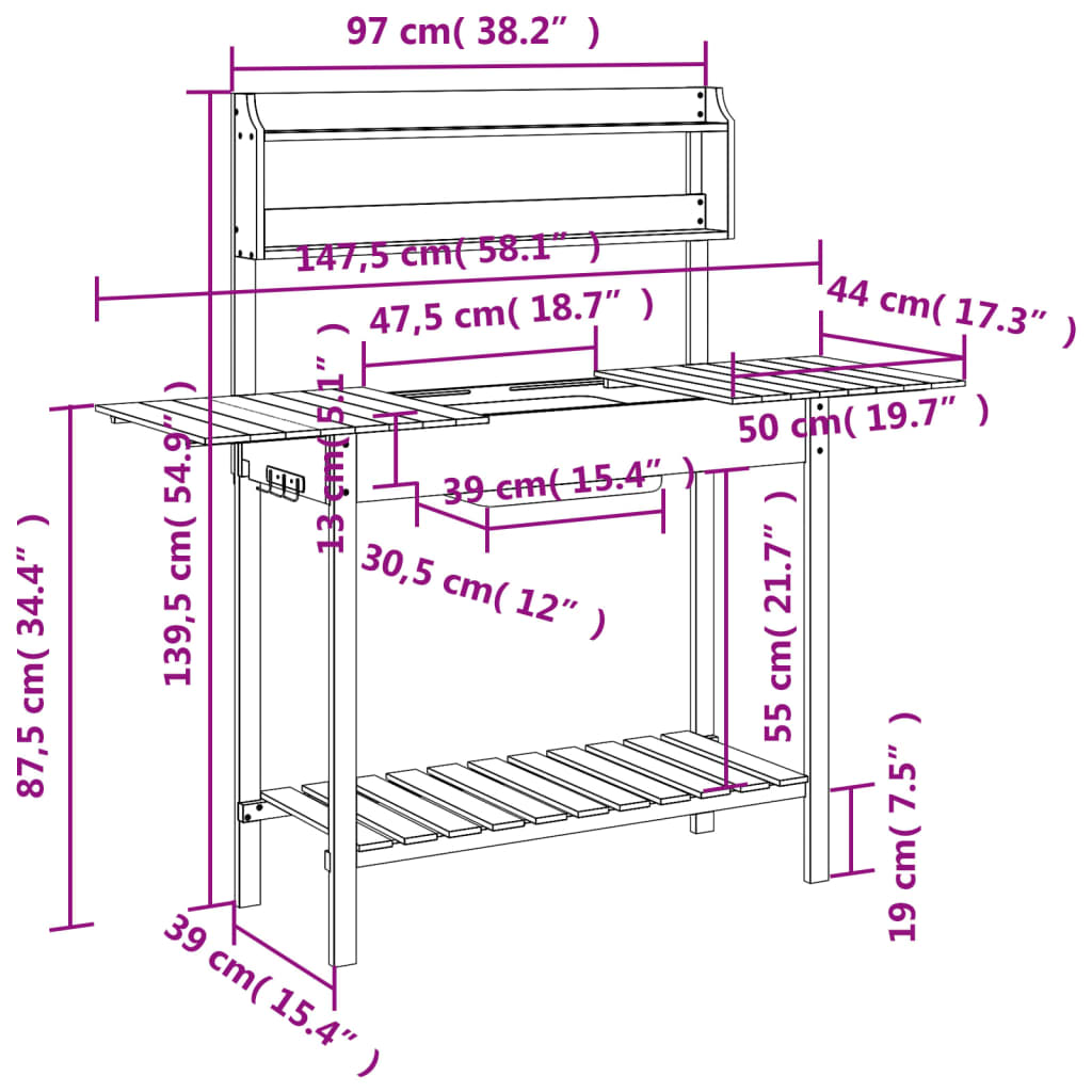 vidaXL stādīšanas galds ar izlietni, brūns, 147,5x44x139,5 cm, egle