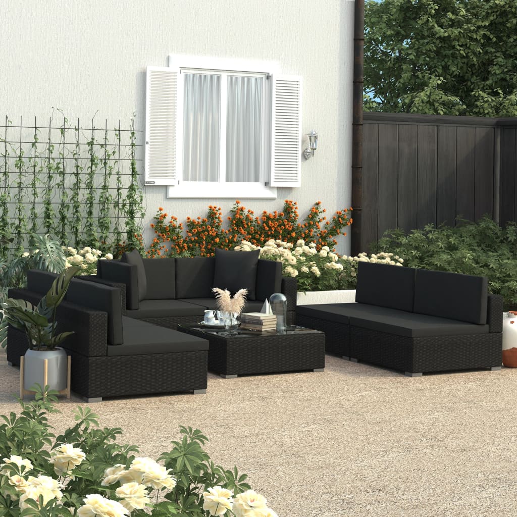 vidaXL 7-daļīgs dārza atpūtas mēbeļu komplekts ar matračiem, melns PE