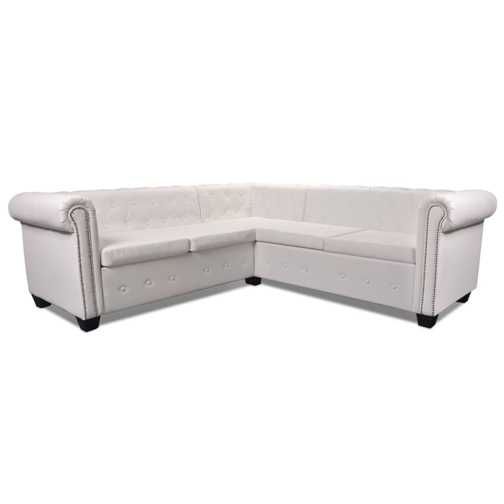vidaXL piecvietīgs Chesterfield stūra dīvāns, balta mākslīgā āda