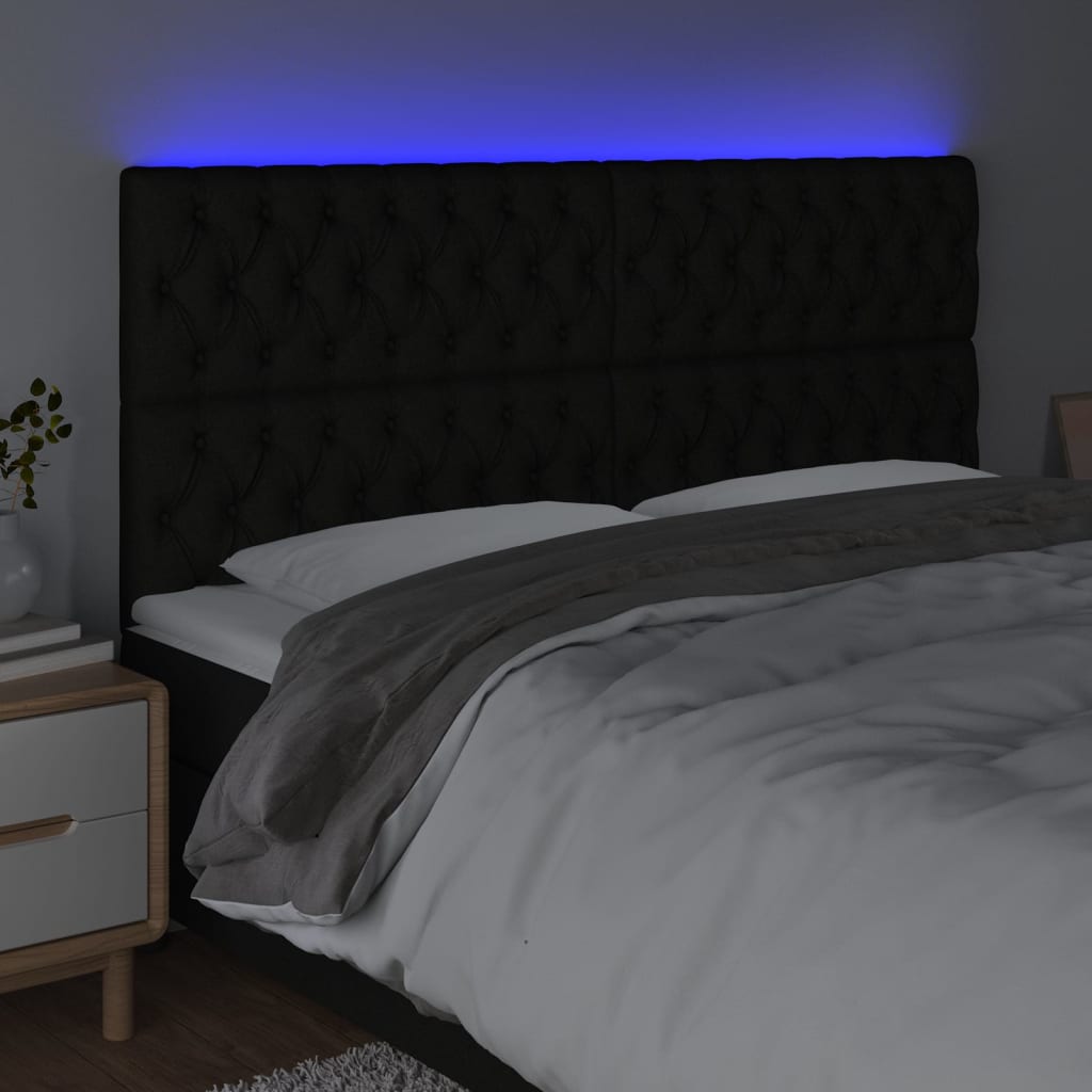 vidaXL gultas galvgalis ar LED, 200x7x118/128 cm, melns audums