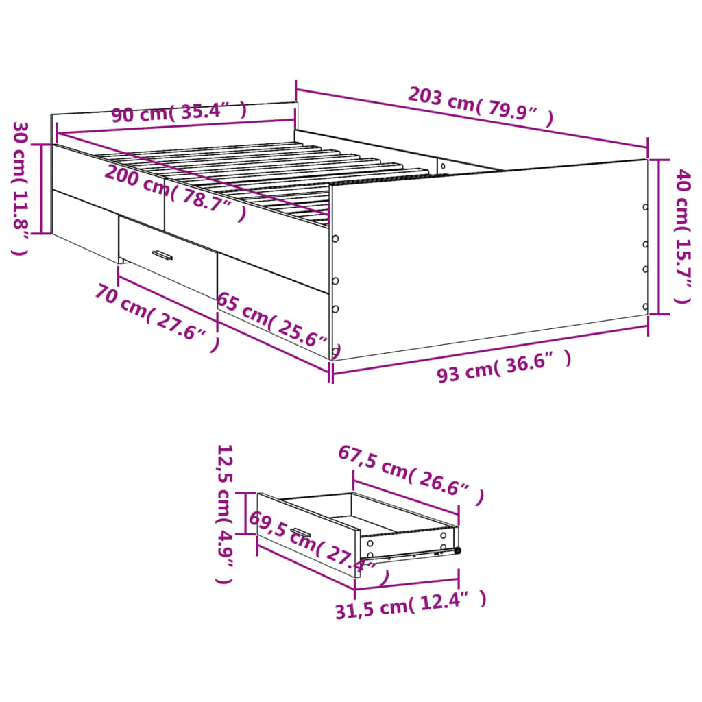 vidaXL gultas rāmis ar atvilktnēm, melns, 90x200 cm, inženierijas koks
