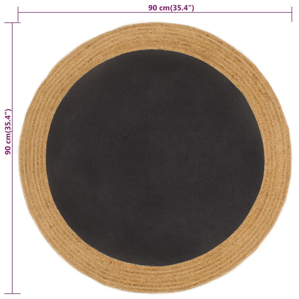 vidaXL pīts paklājs, melns, dabīga apmale, 90 cm, džuta, kokvilna