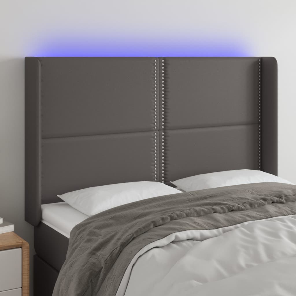 vidaXL gultas galvgalis ar LED, 147x16x118/128 cm, pelēka mākslīgā āda