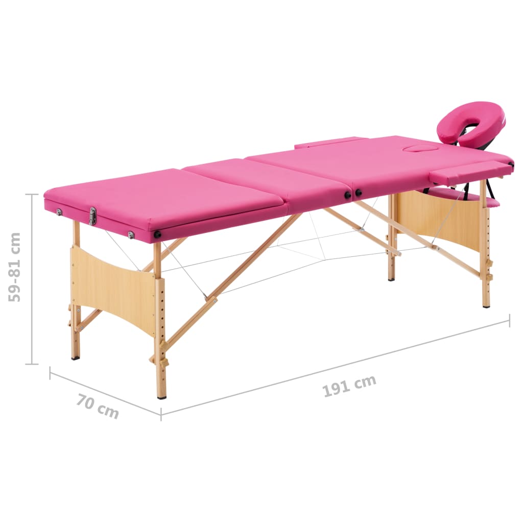 vidaXL saliekams masāžas galds, 3 daļas, koks, rozā