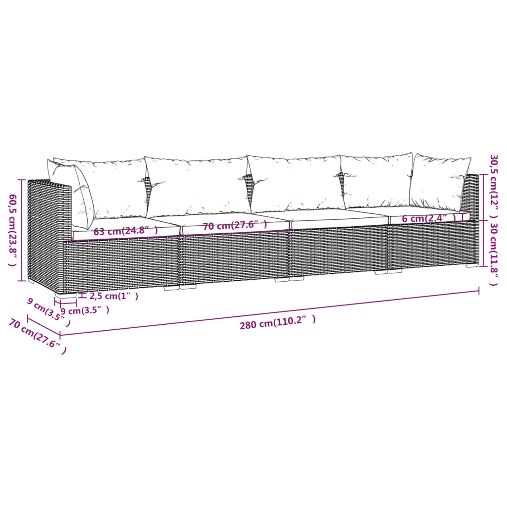 vidaXL 4-daļīgs dārza atpūtas mēbeļu komplekts ar matračiem, PE, melns