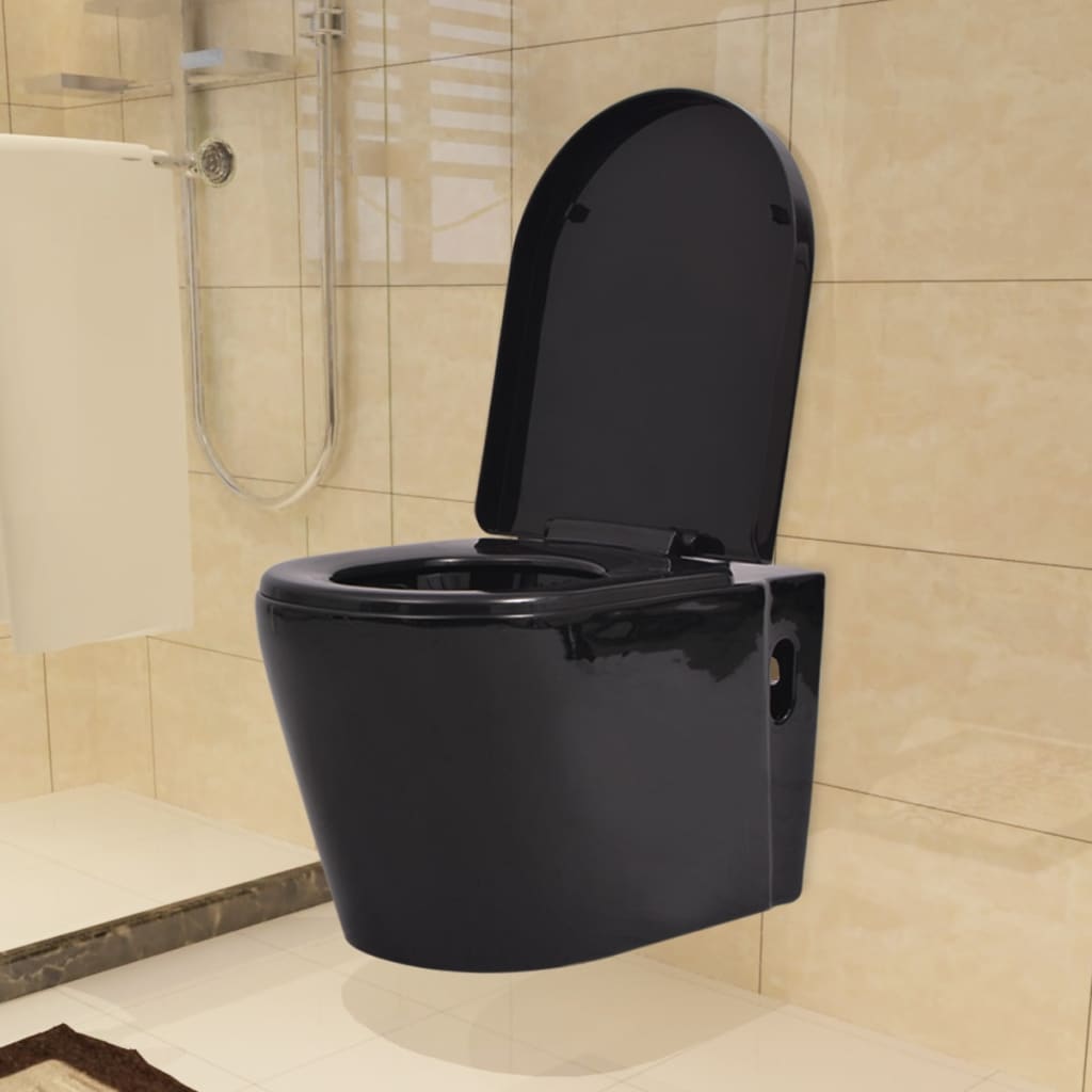 vidaXL tualetes pods ar tvertni, stiprināms pie sienas, melna keramika