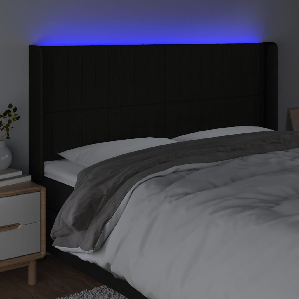 vidaXL gultas galvgalis ar LED, 163x16x118/128 cm, melns audums