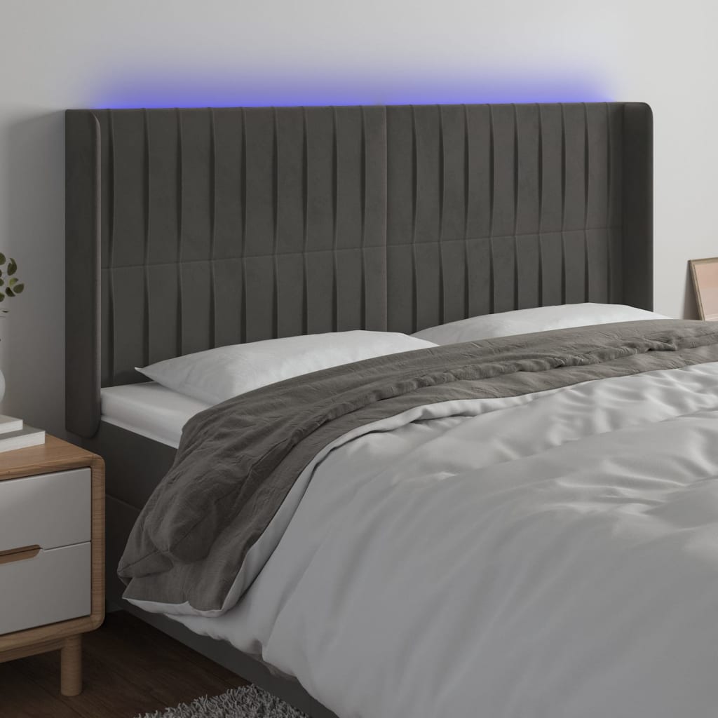 vidaXL gultas galvgalis ar LED, 203x16x118/128 cm, tumši pelēks samts