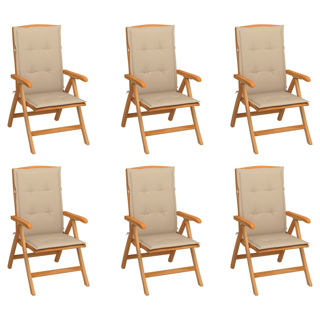 vidaXL dārza krēsli ar matračiem, atgāžami, 6 gab., masīvs tīkkoks