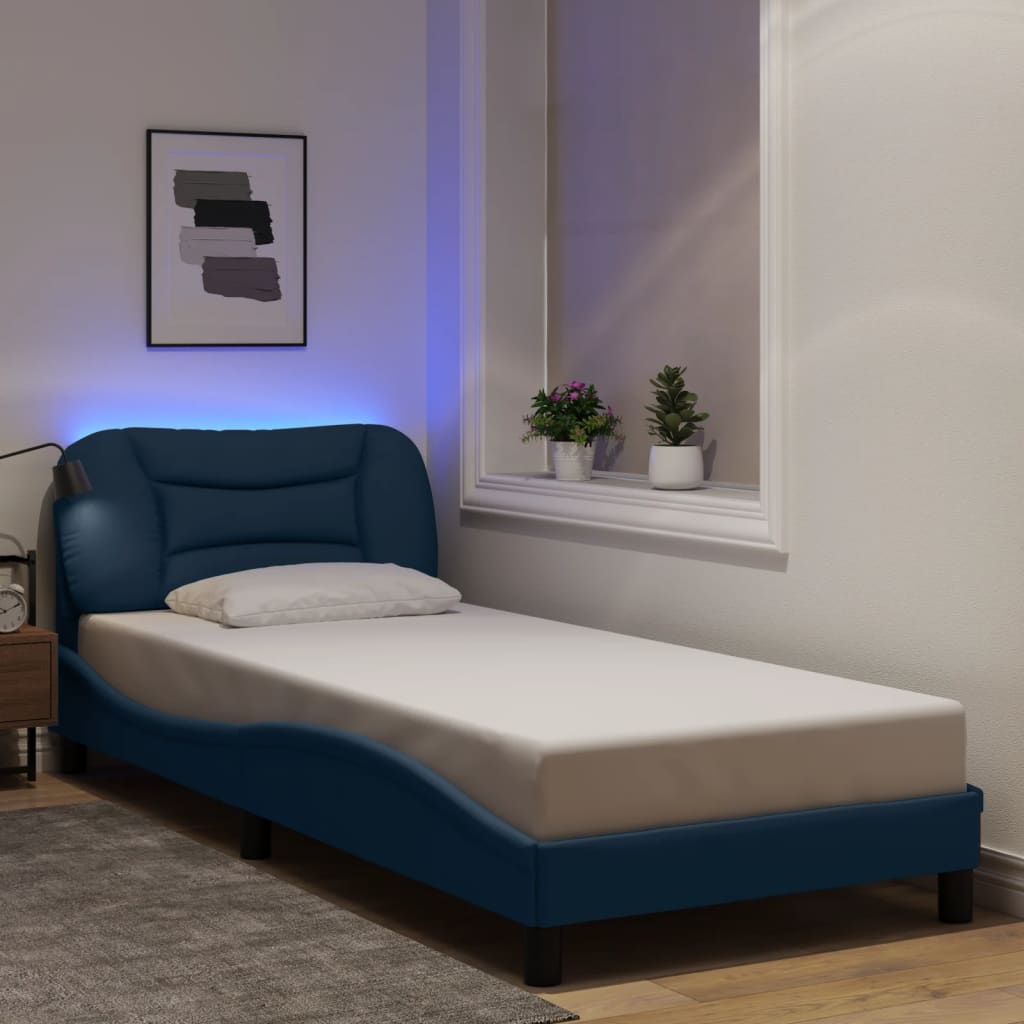 vidaXL gultas rāmis ar LED, zils audums, 90x200 cm