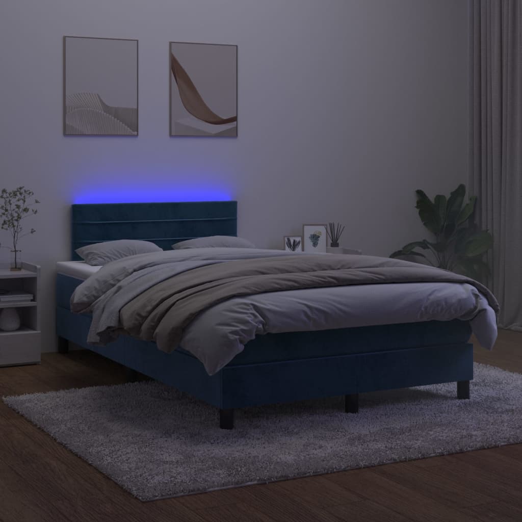 vidaXL atsperu gulta ar matraci, LED, tumši zils samts, 120x200 cm