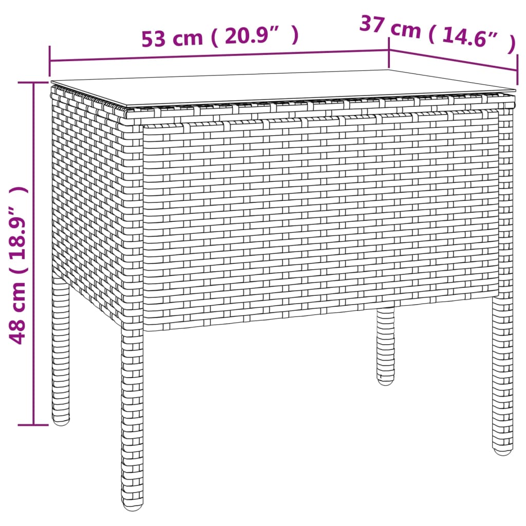 vidaXL galdiņš, 53x37x48 cm, polietilēna rotangpalma, stikls, brūns