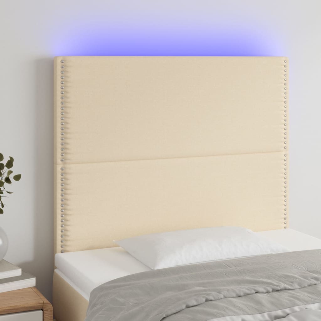 vidaXL gultas galvgalis ar LED, 100x5x118/128 cm, krēmkrāsas audums