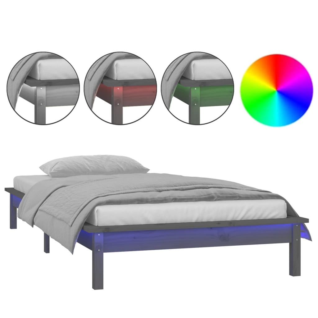vidaXL gultas rāmis, LED, pelēks, 90x200 cm, masīvkoks