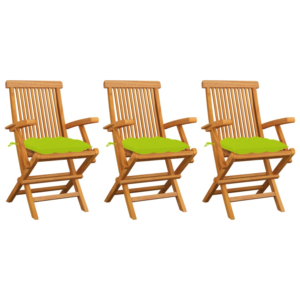 vidaXL dārza krēsli, spilgti zaļi matrači, 3 gab., masīvs tīkkoks