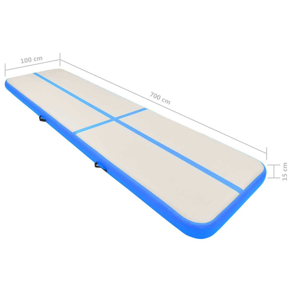 vidaXL piepūšams vingrošanas paklājs ar pumpi, 700x100x15 cm, zils PVC