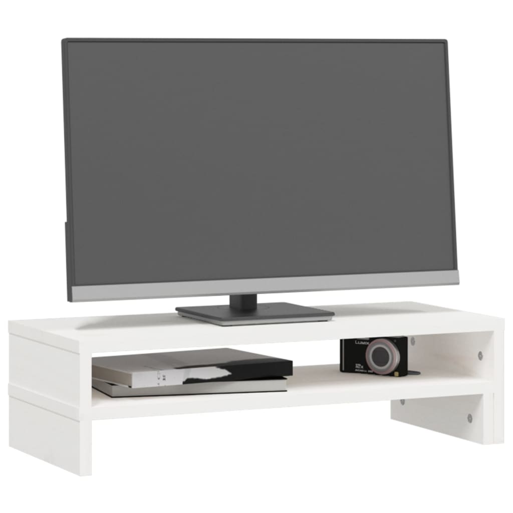 vidaXL monitora paliktnis, balts, (52-101)x22x14 cm, priedes masīvkoks