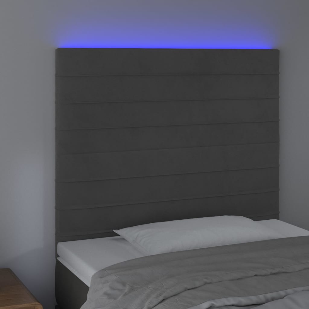 vidaXL gultas galvgalis ar LED, 90x5x118/128 cm, tumši pelēks samts