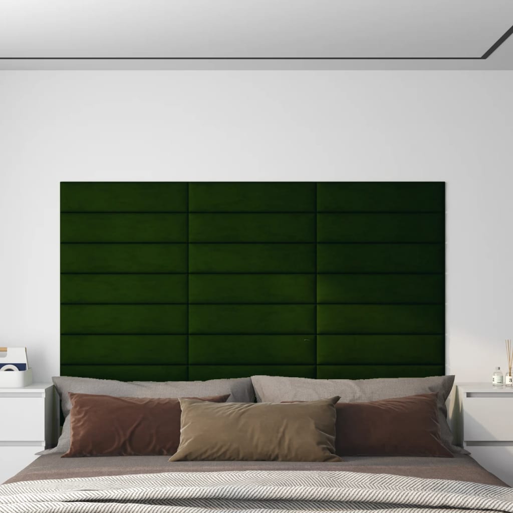 vidaXL sienas paneļi, 12 gab., tumši zaļi, 60x15 cm, samts, 1,08 m²