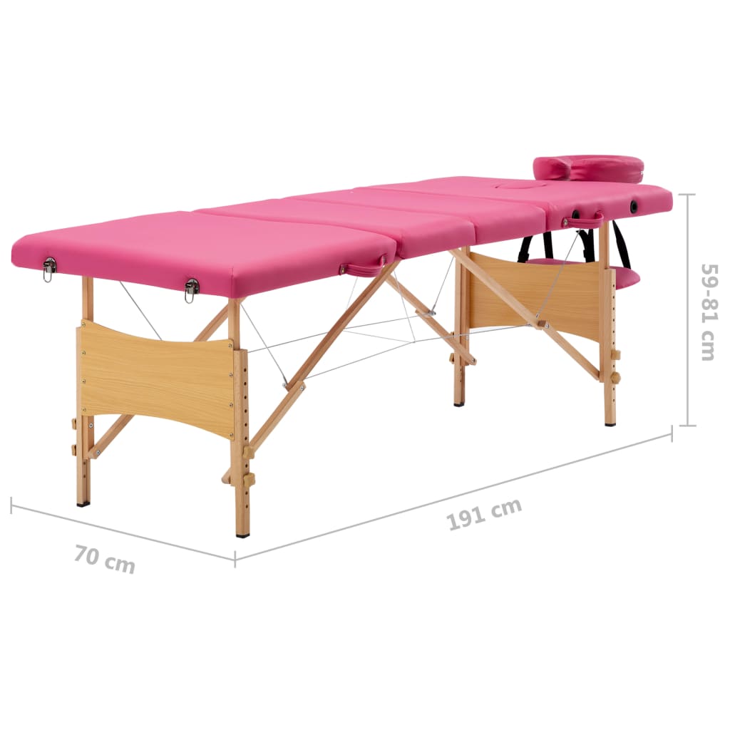 vidaXL saliekams masāžas galds, 4 daļas, koks, rozā