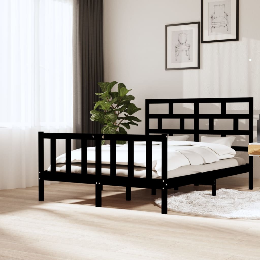 vidaXL gultas rāmis, melns, priedes masīvkoks, 150x200 cm, divvietīgs