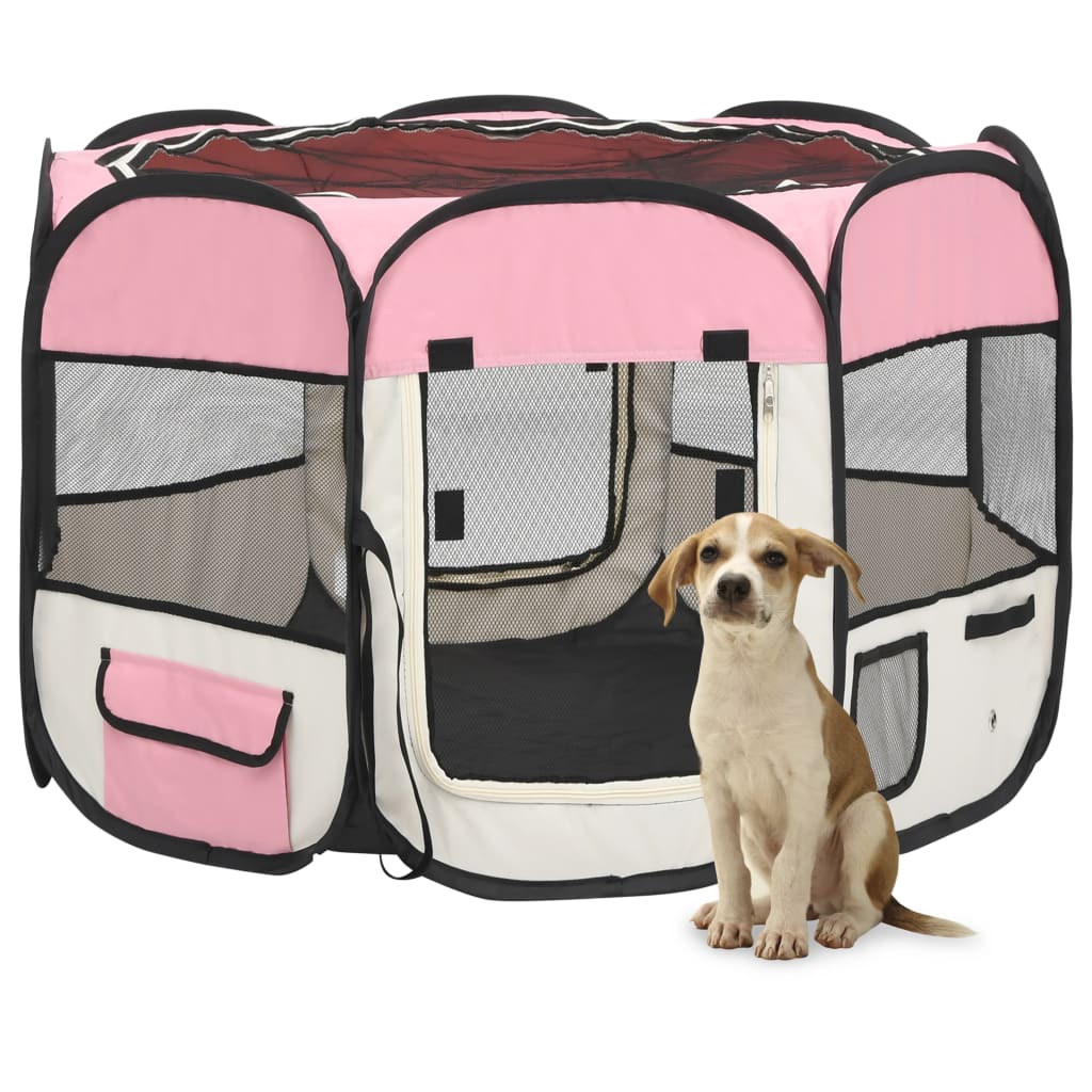 vidaXL saliekama suņu sētiņa, ar somu, rozā, 90x90x58 cm