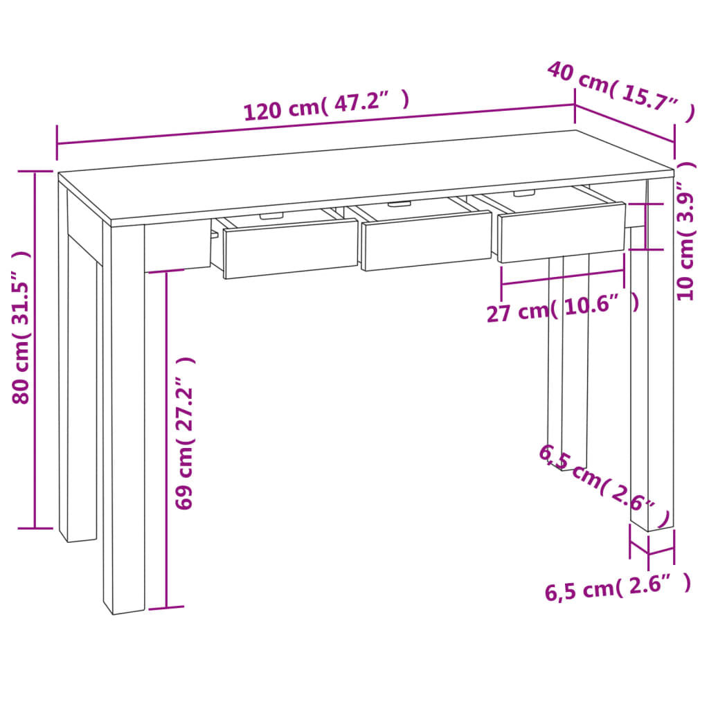 vidaXL konsoles galdiņš ar 3 atvilktnēm, 80 cm, masīvs rožkoks