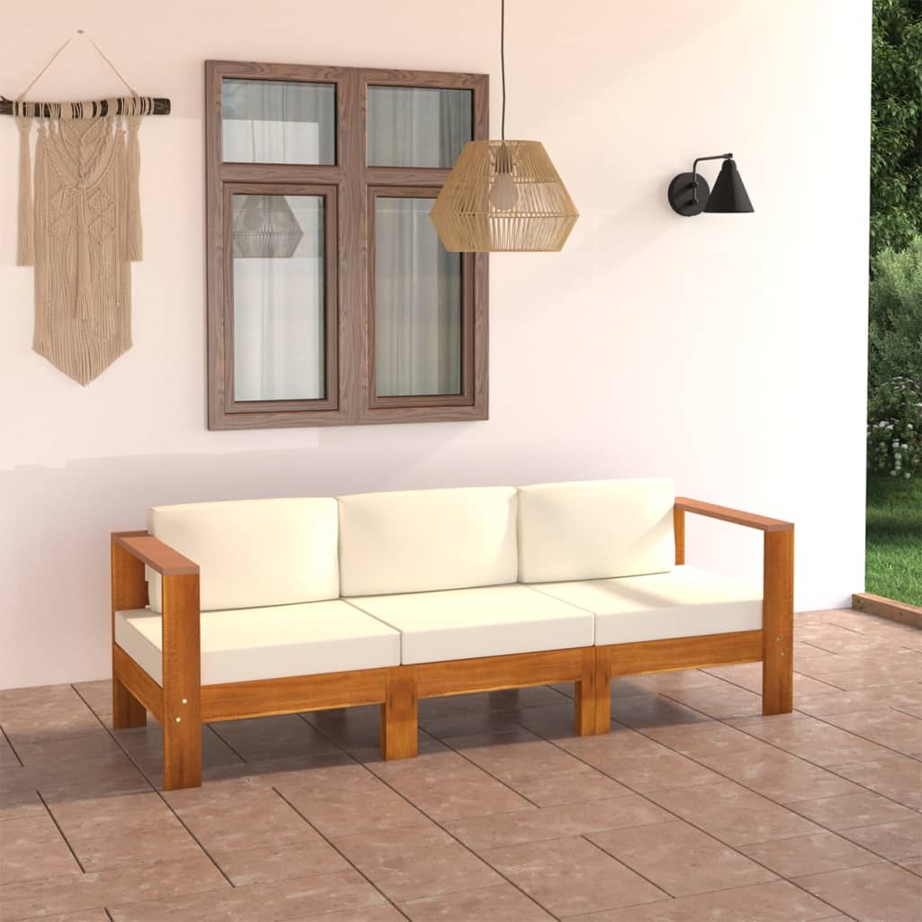 vidaXL trīsvietīgs dārza dīvāns, krēmbalti spilveni, akācijas koks