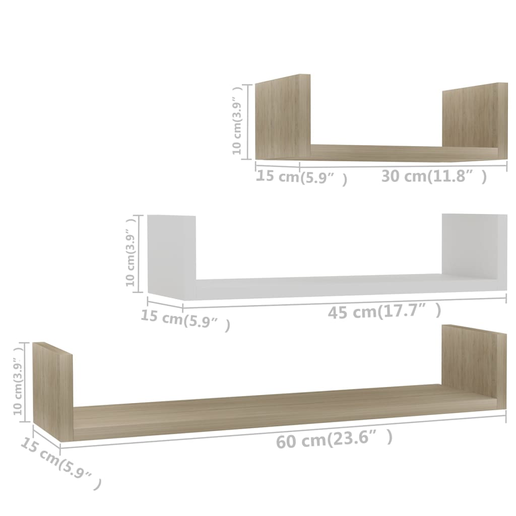 vidaXL sienas plaukti, 3 gab., skaidu plāksne, balta un ozolkoka krāsa