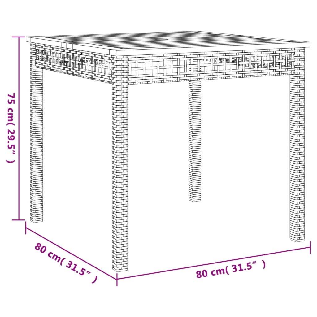 vidaXL dārza galds, bēšs, 80x80x75 cm, PE rotangpalma, akācija