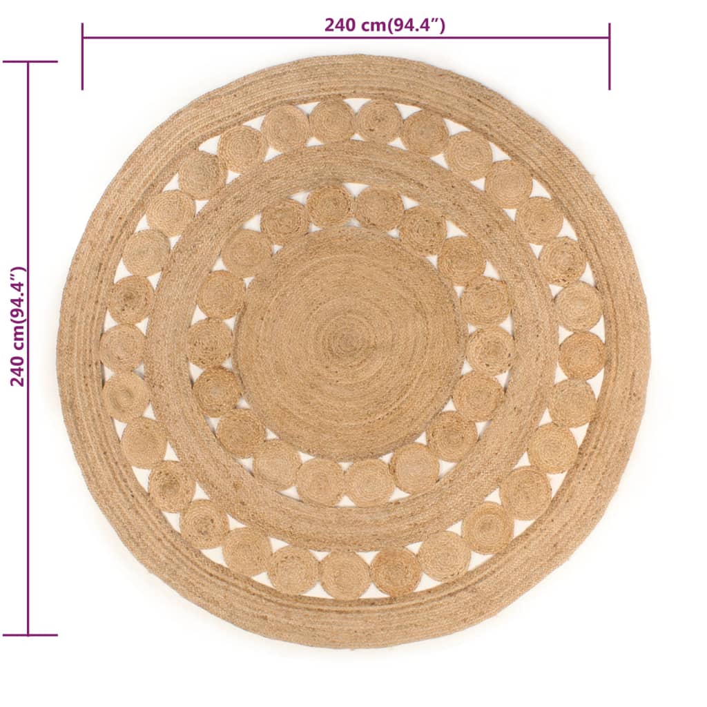 vidaXL paklājs, pīts dizains, apaļš, 240 cm, džuta